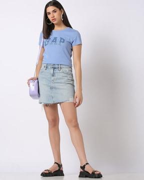 lightly washed distressed denim skirt