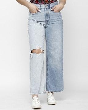 lightly washed distressed high-rise jeans