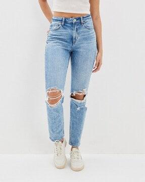 lightly washed distressed high-rise jeans