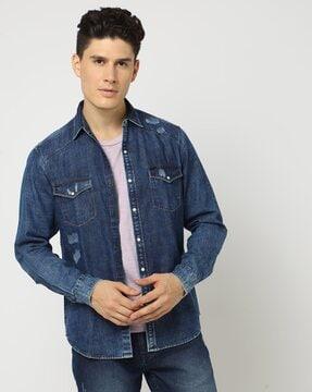 lightly washed distressed slim fit cotton shirt