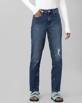 lightly washed distressed straight fit jeans