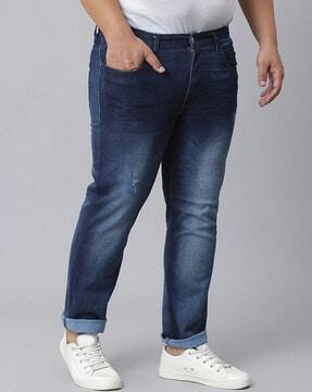 lightly washed distressed straight jeans