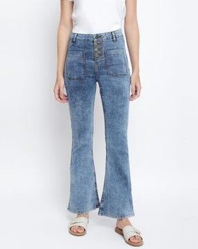 lightly-washed flared jeans