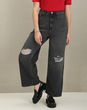 lightly washed high-rise distressed wide-leg jeans