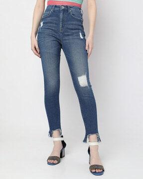 lightly washed high-rise skinny fit distressed jeans