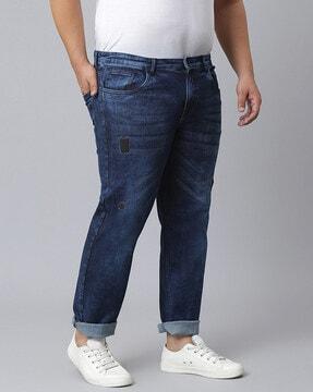 lightly washed light-distress straight fit jeans