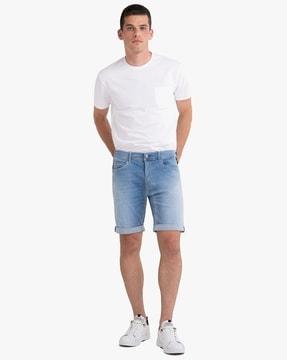 lightly washed mid-rise denim shorts