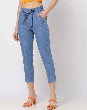 lightly washed relaxed capri jeans with belt