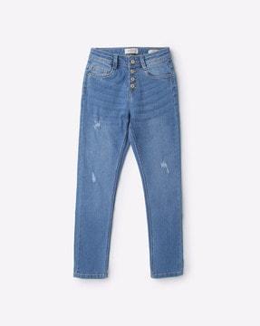 lightly washed slim fit distressed jeans