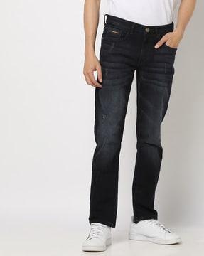 lightly washed slim fit distressed jeans