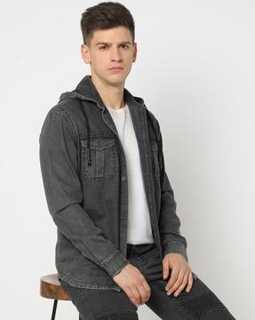 lightly washed slim fit hooded shirt with flap pockets