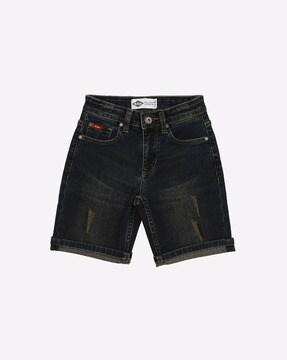 lightly washed slim fit shorts with distressing