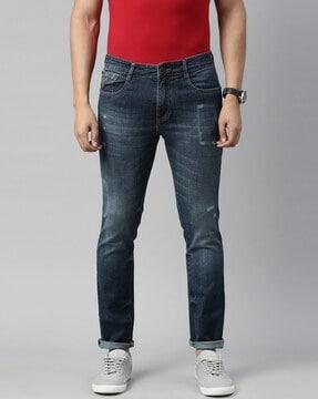 lightly-washed slim jeans with 5-pocket styling