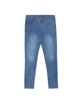 lightly washed straight fit distressed jeans