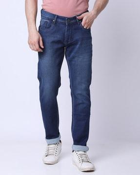 lightly-washed straight fit jeans with 5-pocket styling