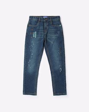 lightly washed straight fit jeans with splatter