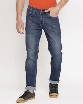 lightly washed straight fit jeans