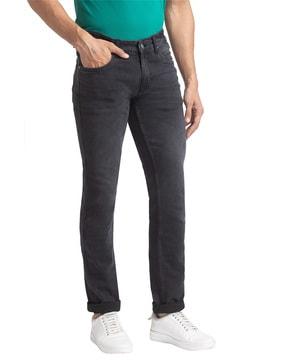 lightly washed tapered fit jeans