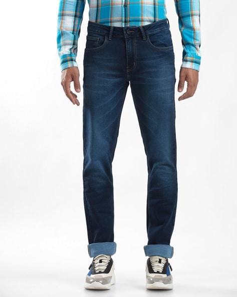 lightly washed tapered fit jeans