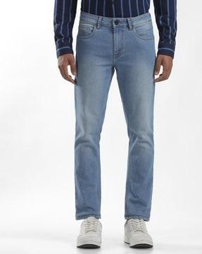 lightly washed tapered fit jeans