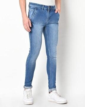 lightly washed tapered fit jeans