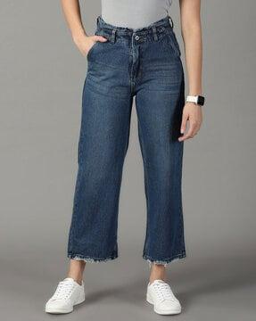 lightly washed wide-leg jeans