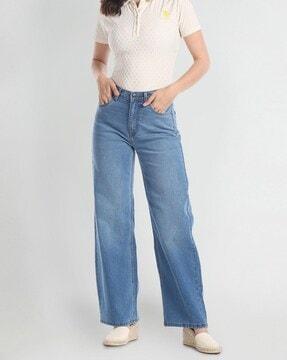 lightly washed wide-leg jeans