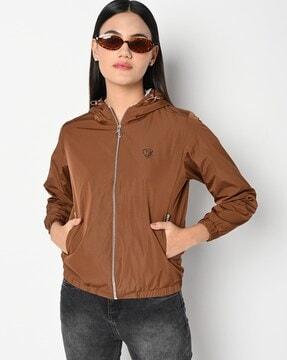 lightweight zip-front hooded bomber jacket