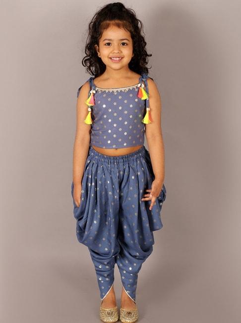 lil drama kids blue floral print crop top with dhoti