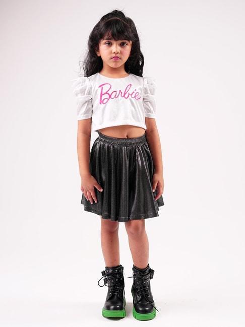lil drama kids white & black embroidered crop top with skirt