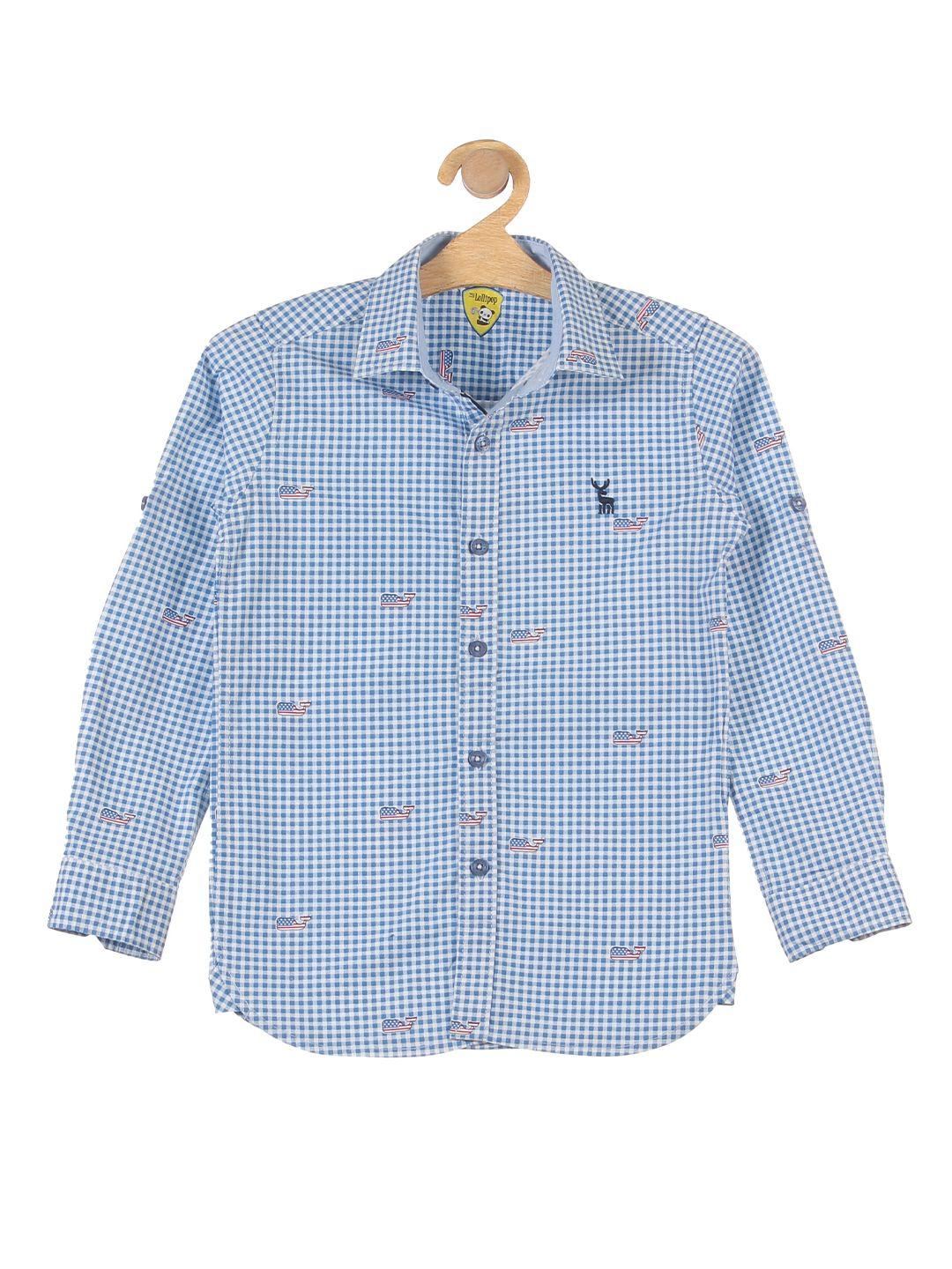 lil lollipop boys blue micro checks print rolled up sleeves cotton casual shirt