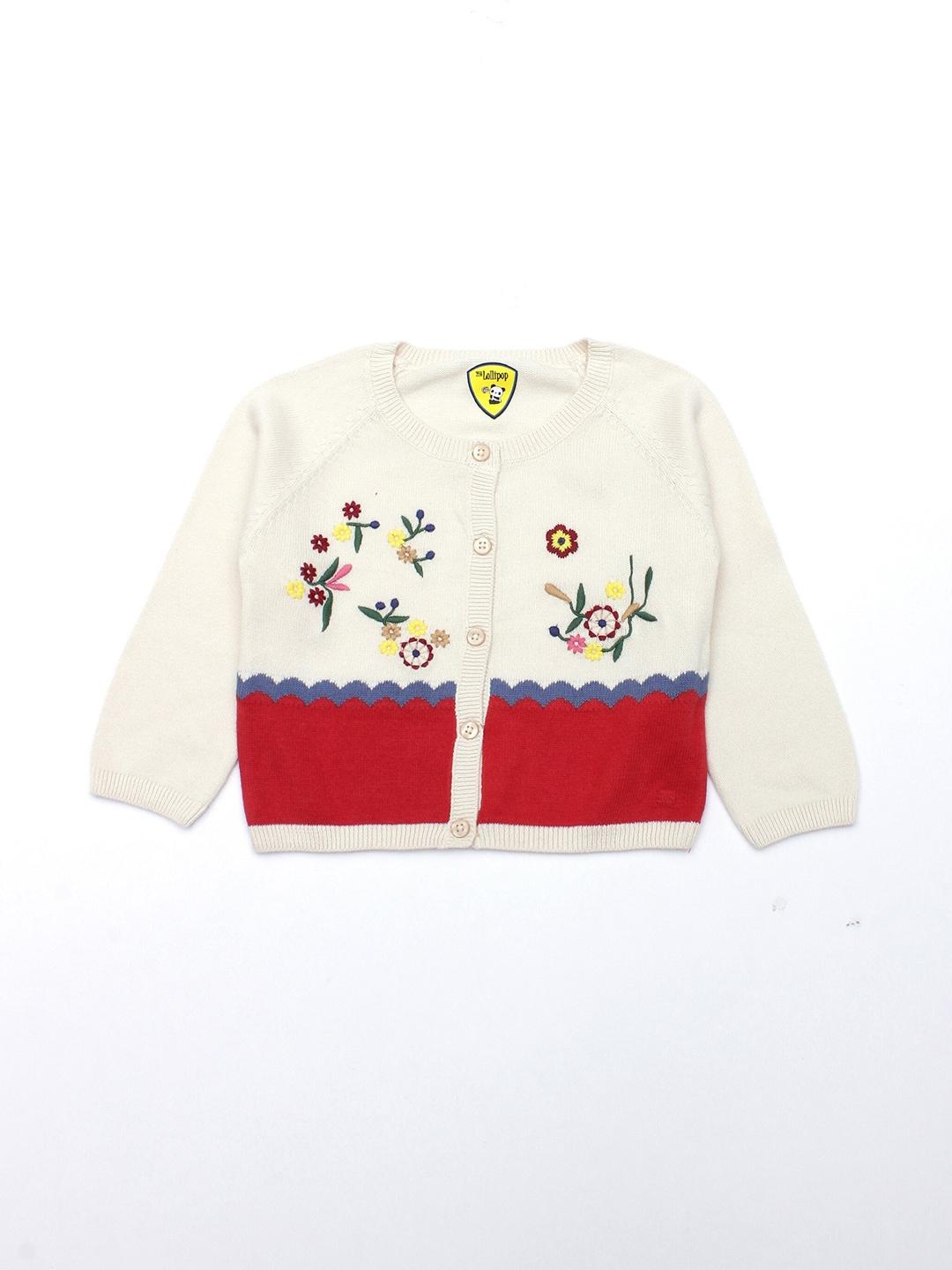 lil lollipop unisex kids white & red floral embroidered cotton cardigan