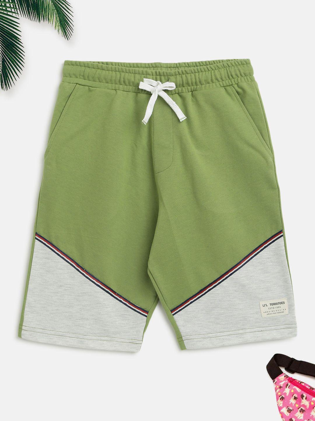lil tomatoes boys olive green colourblocked outdoor sports shorts 100% cotton
