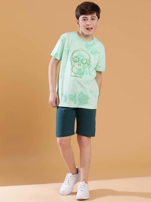 lil tomatoes kids green & navy printed t-shirt set