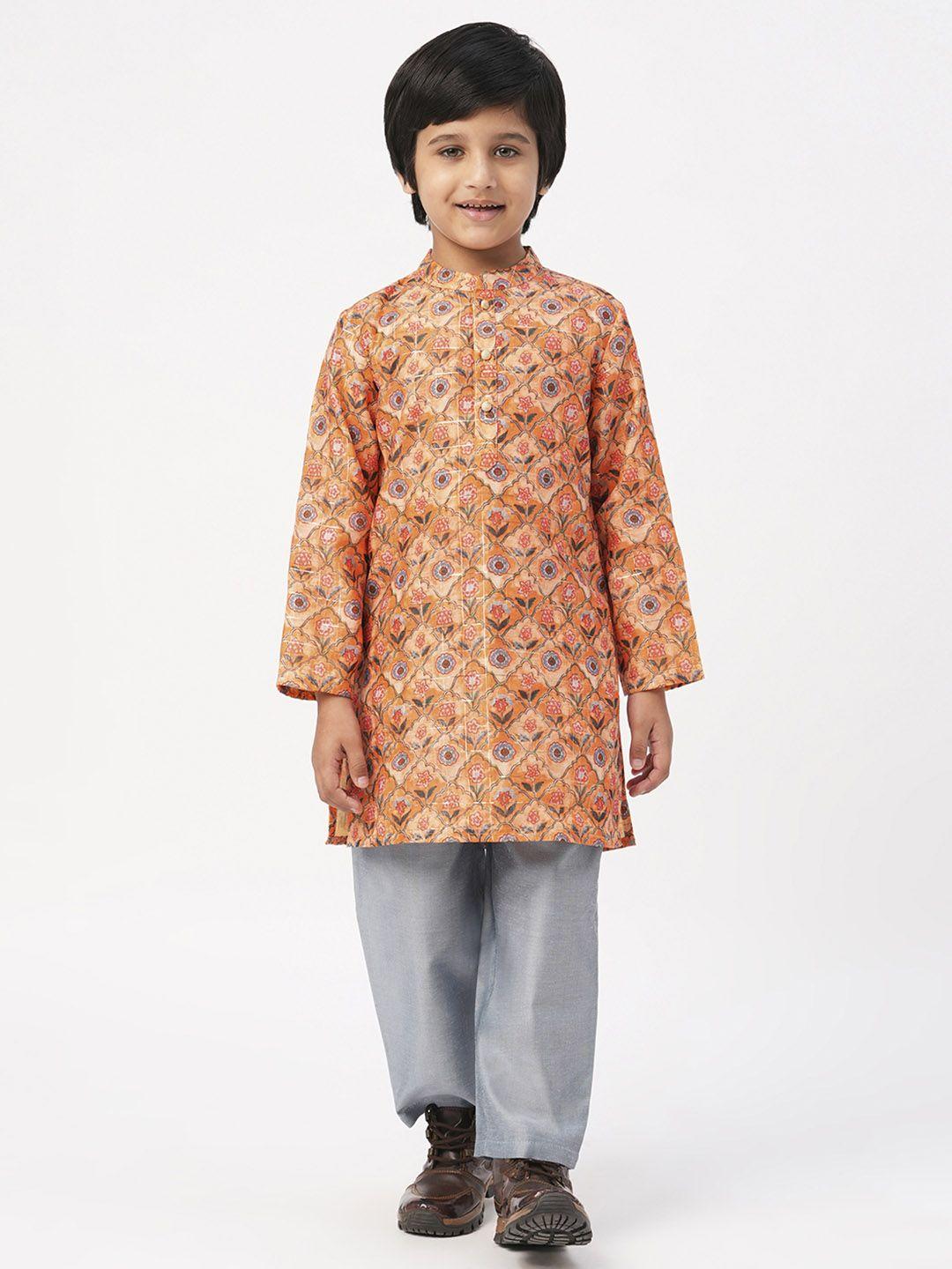 lil drama boys ethnic motifs printed band collar straight kurta with trousers