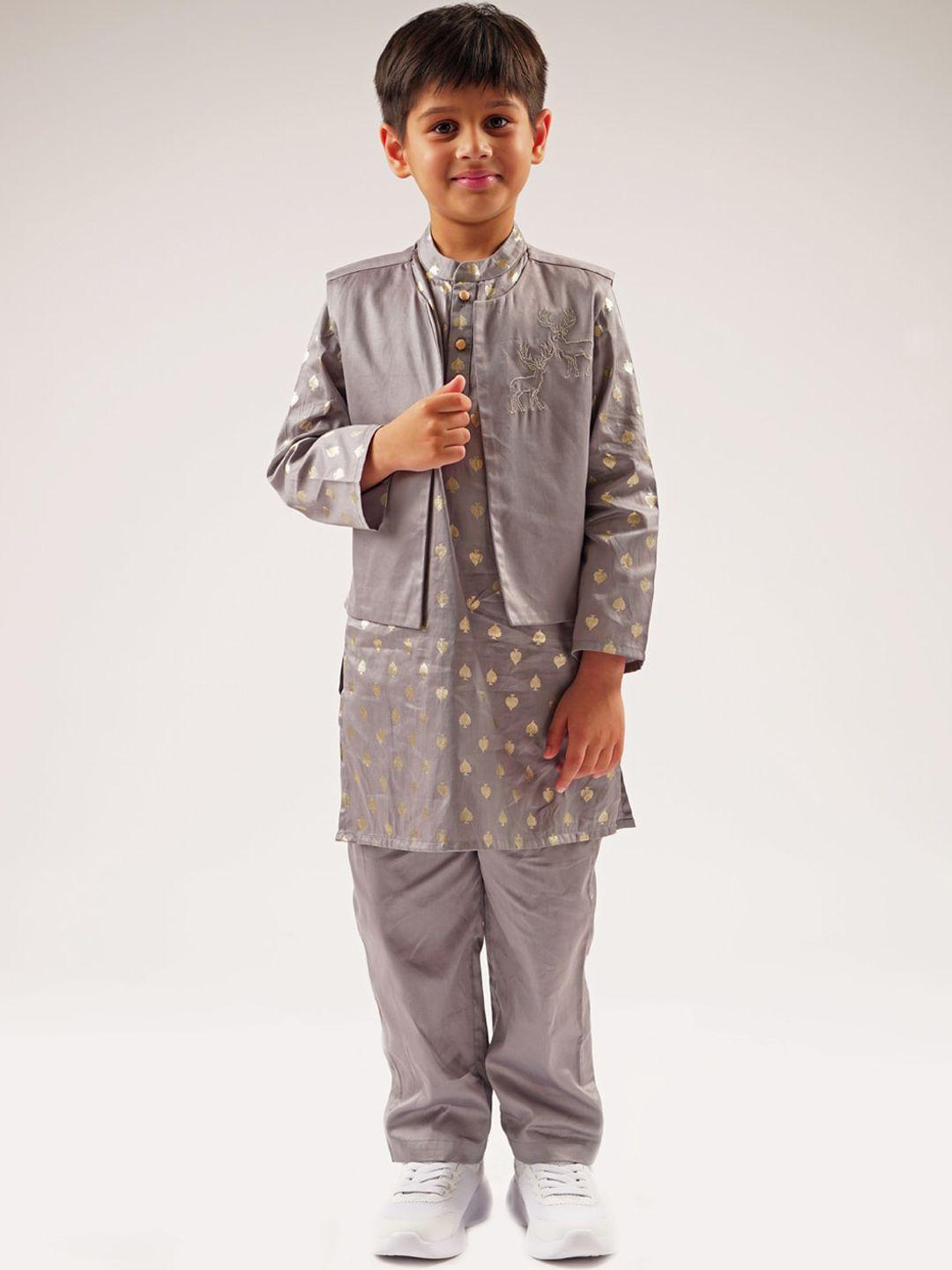 lil drama boys ethnic motifs printed cotton straight kurta & trousers with nehru jacket