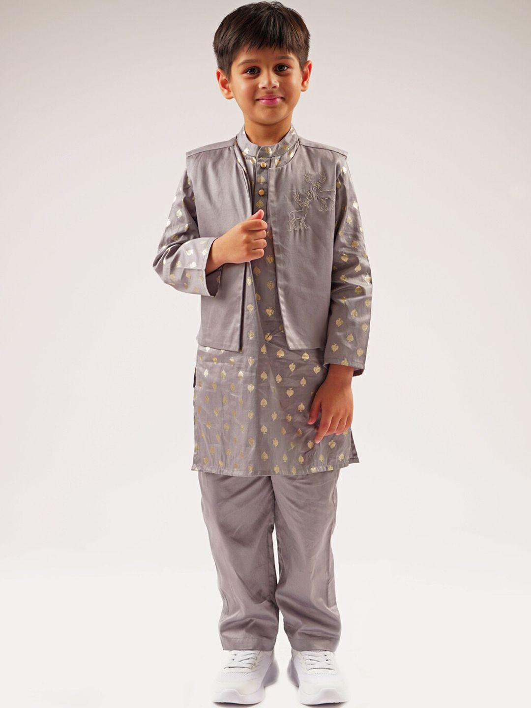 lil drama boys ethnic motifs printed pure cotton kurta with pyjamas & jacket