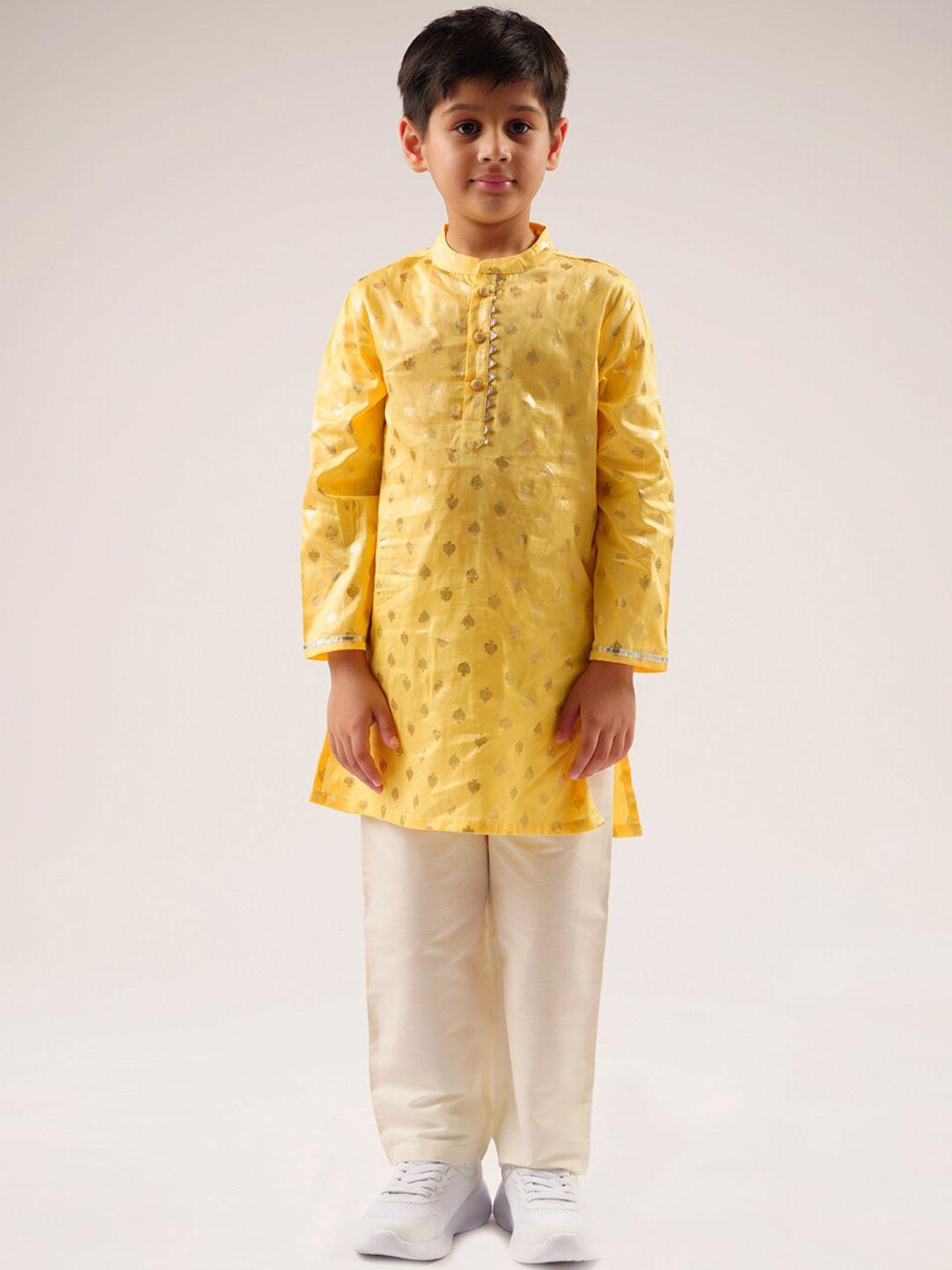 lil drama boys ethnic motifs woven design mandarin collar pure cotton kurta with pyjamas