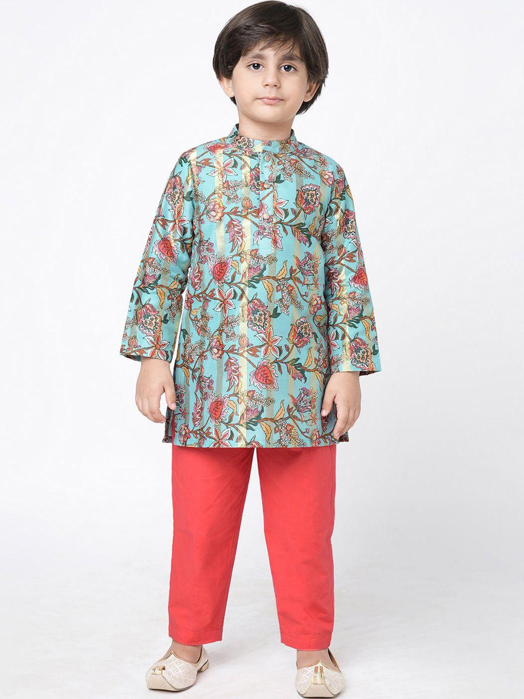 lil drama boys floral printed mandarin collar kurta with pyjamas