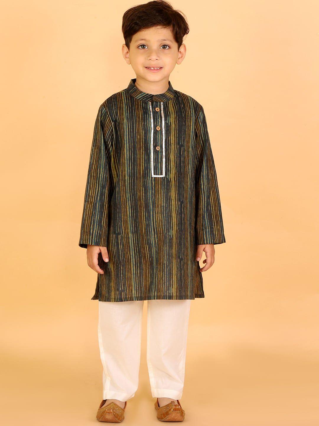 lil drama boys green striped pure cotton kurta with pyjamas