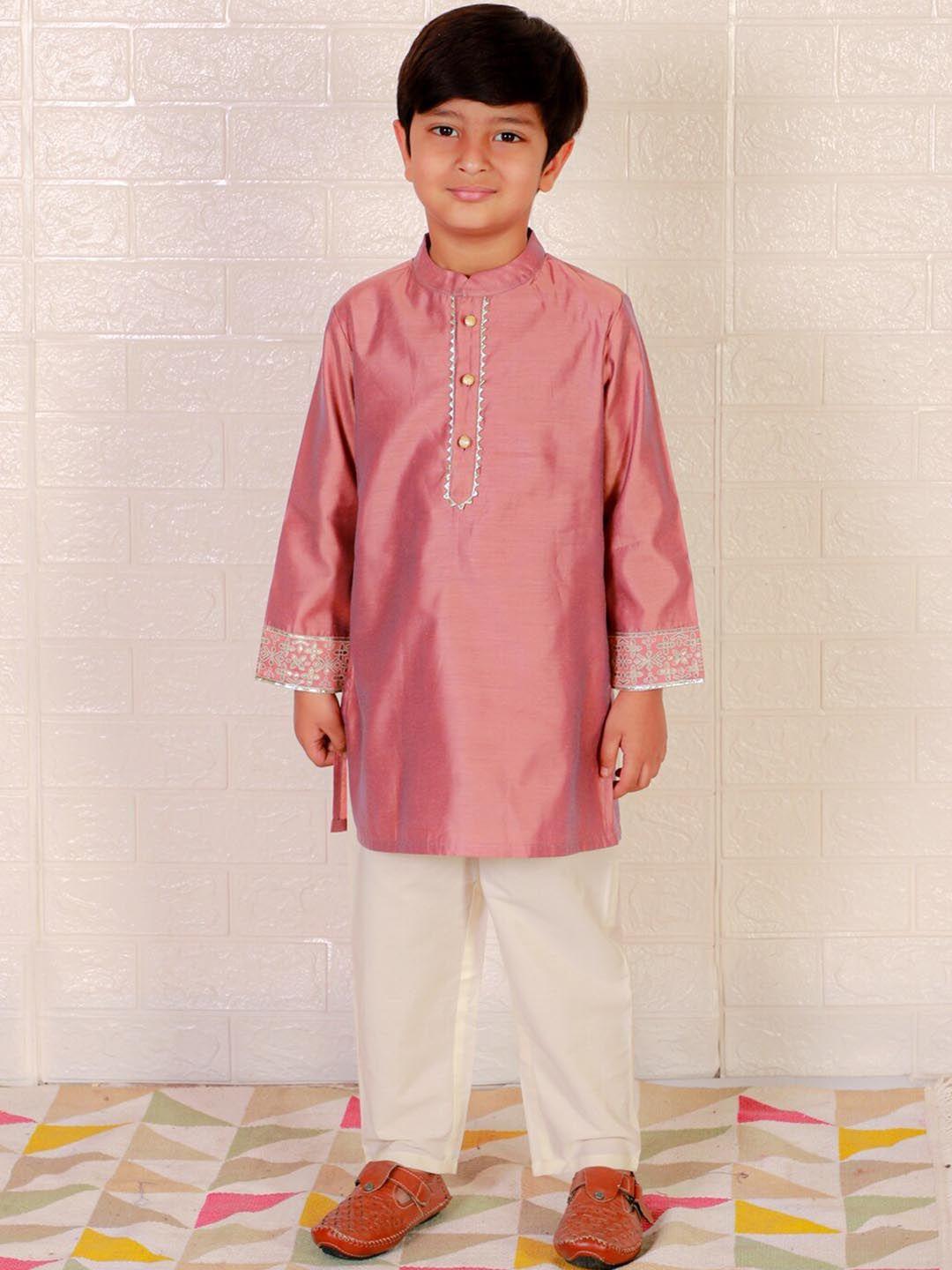 lil drama boys mandarin collar pure silk kurta with pyjamas