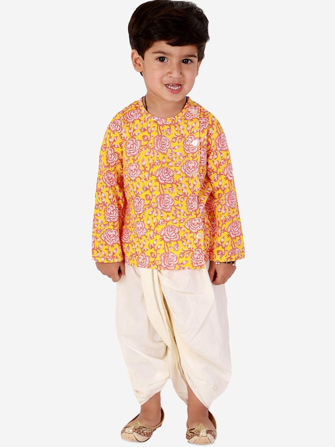 lil drama boys orange floral printed pure cotton kurta with dhoti pant set