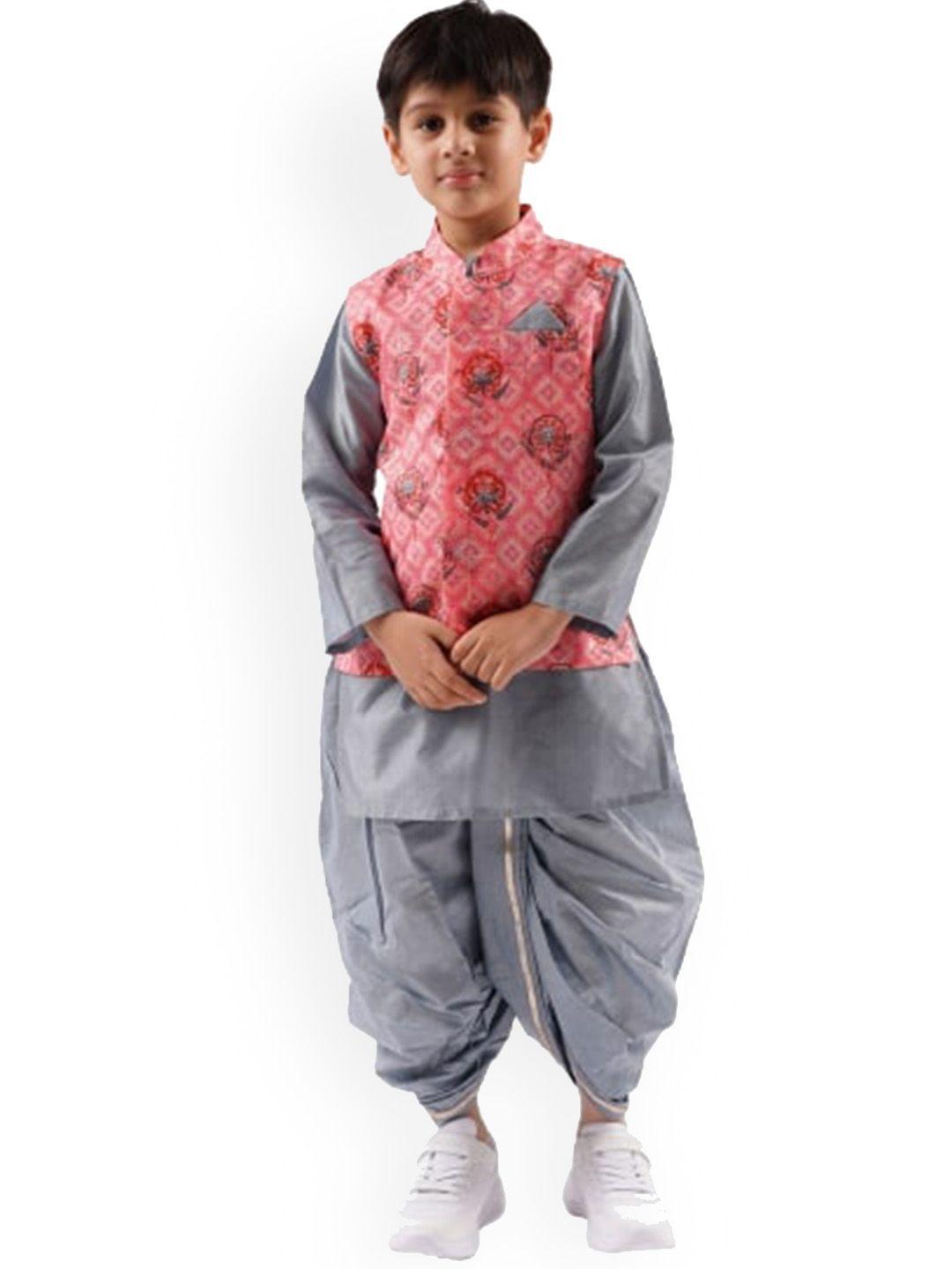 lil drama boys raangoli ethnic printed straight kurta with dhoti pants & jacket