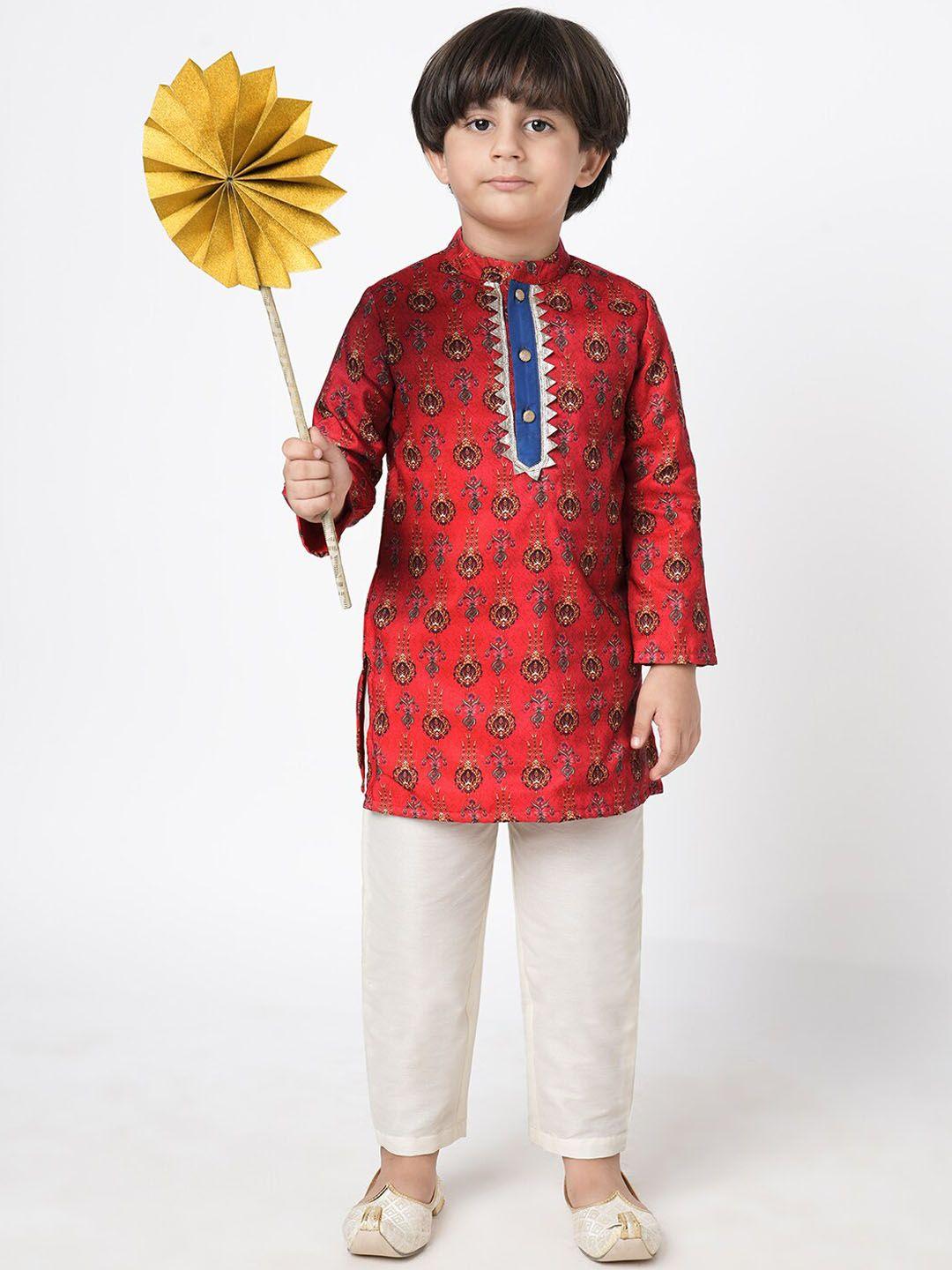 lil drama boys red floral printed regular kurta with trousers
