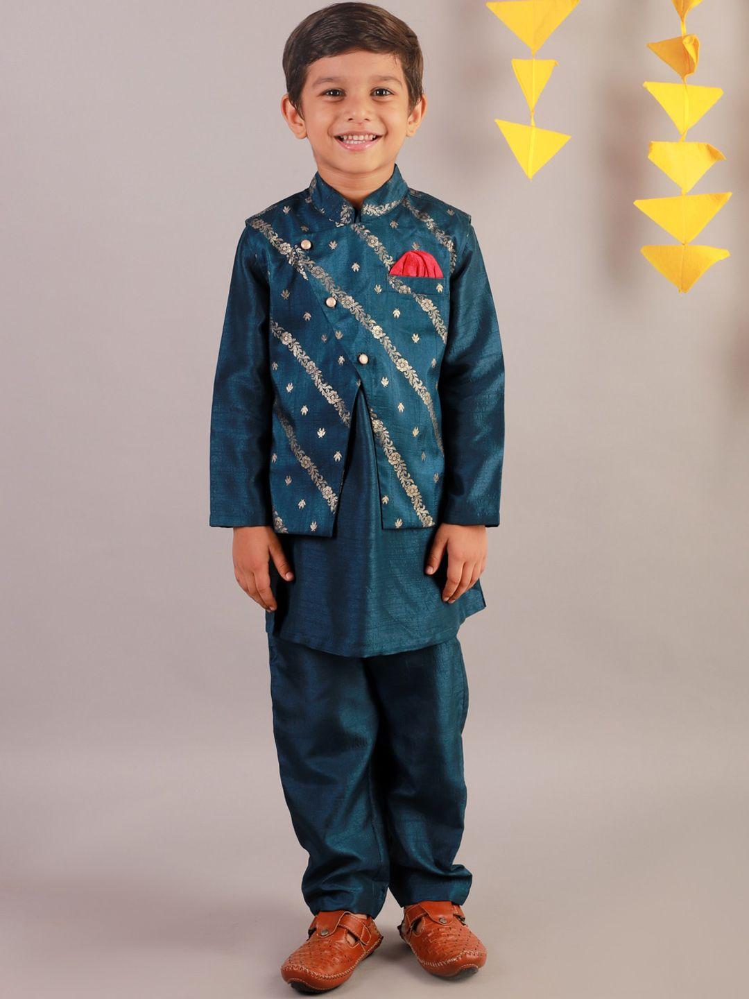 lil drama boys teal floral angrakha kurta with pyjama and jacket