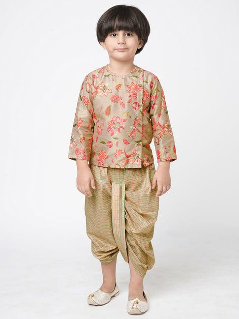 lil drama kids beige floral print full sleeves short kurta with dhoti