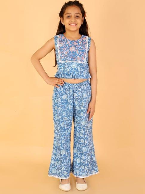 lil drama kids blue cotton floral print top set