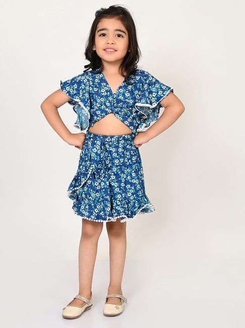 lil drama kids blue floral print crop top with skirt