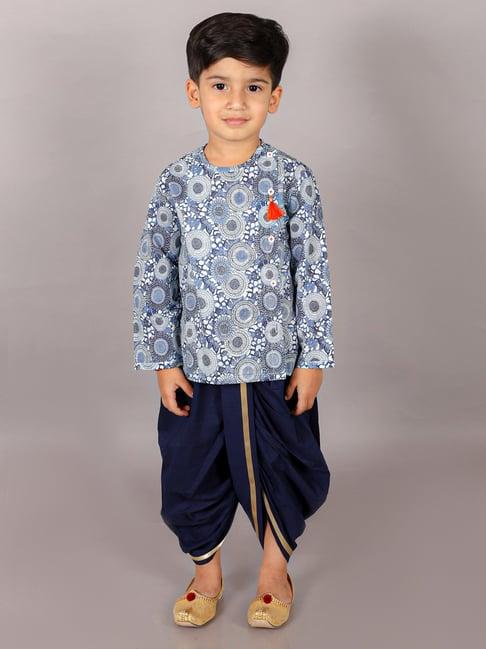 lil drama kids blue printed full sleeves kurta with dhoti