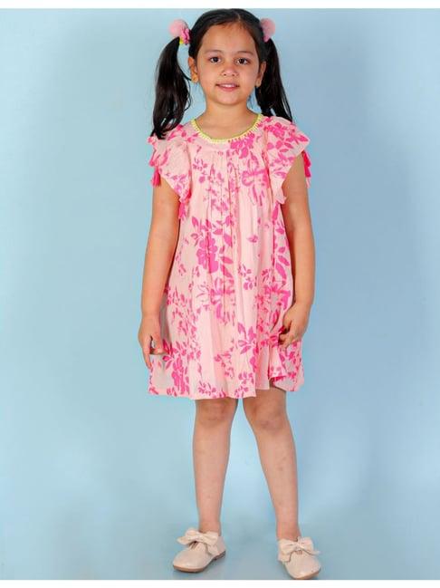 lil drama kids peach & pink floral print dress